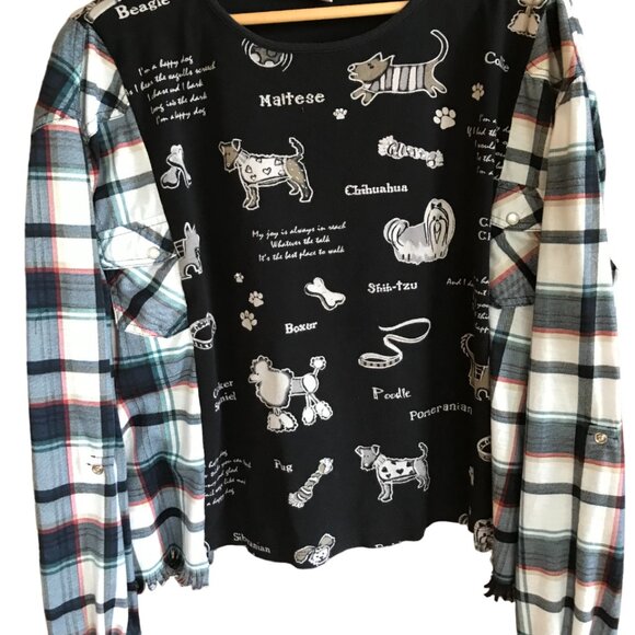 Upcycled Flannel Puppy Print Shirt, Size S-M: Oversized Sweater Top, Fringy Hem - Picture 7 of 13